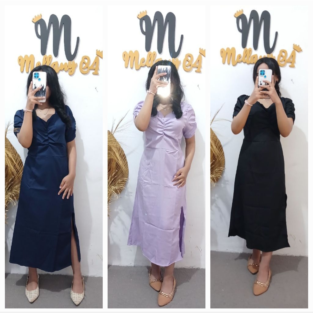 Dress Midi Serut / Lengan Serut Belah Samping