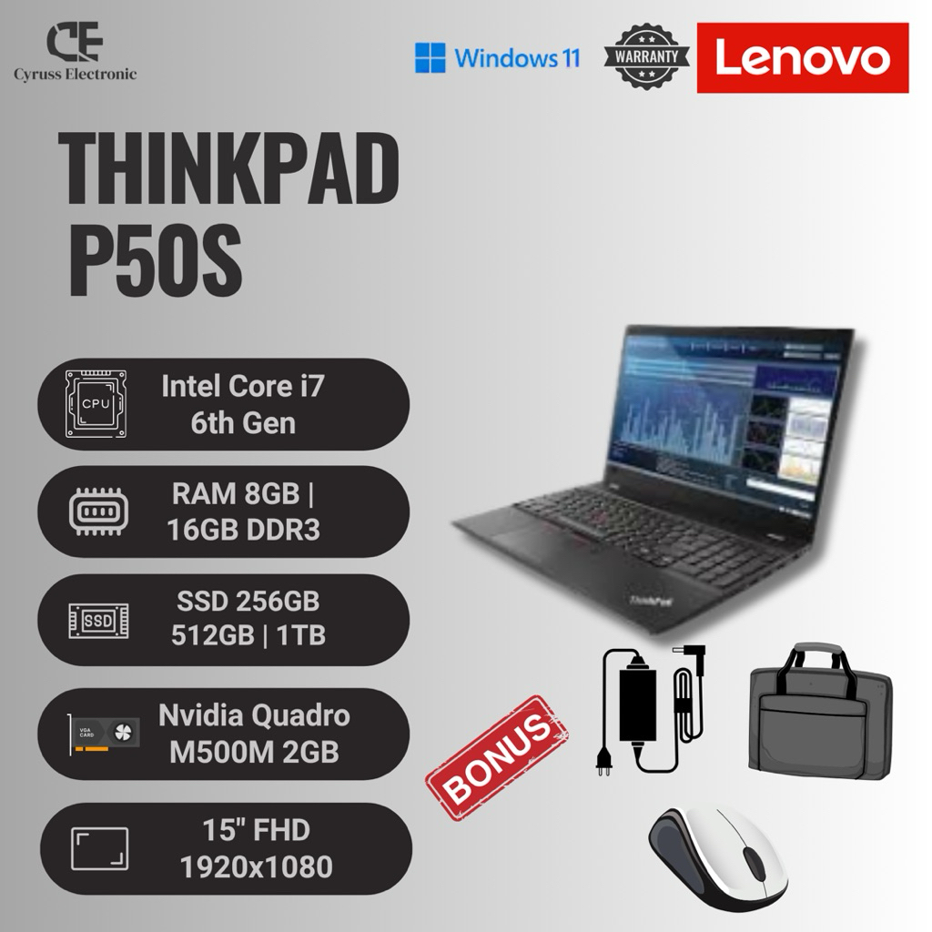 Laptop Lenovo Thinkpad P50s Intel Core i7 Gen 6 RAM 16GB SSD 1TB VGA Nvidia Quadro M500M 2GB Layar 1