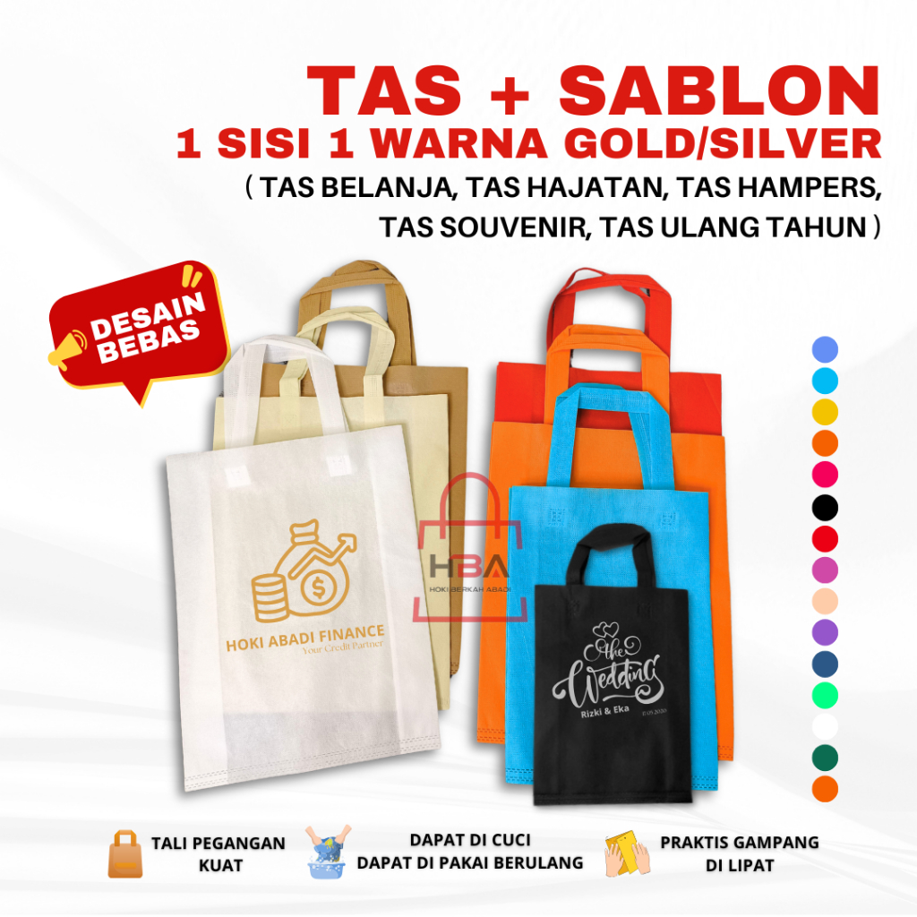 

CUSTOM SABLON PLUS TAS Goodie Bag HANDLE 1 SISI 1 WARNA TINTA GOLD / SILVER 25X35 30X40 38X45 Kantong Tas Belanja Spunbond