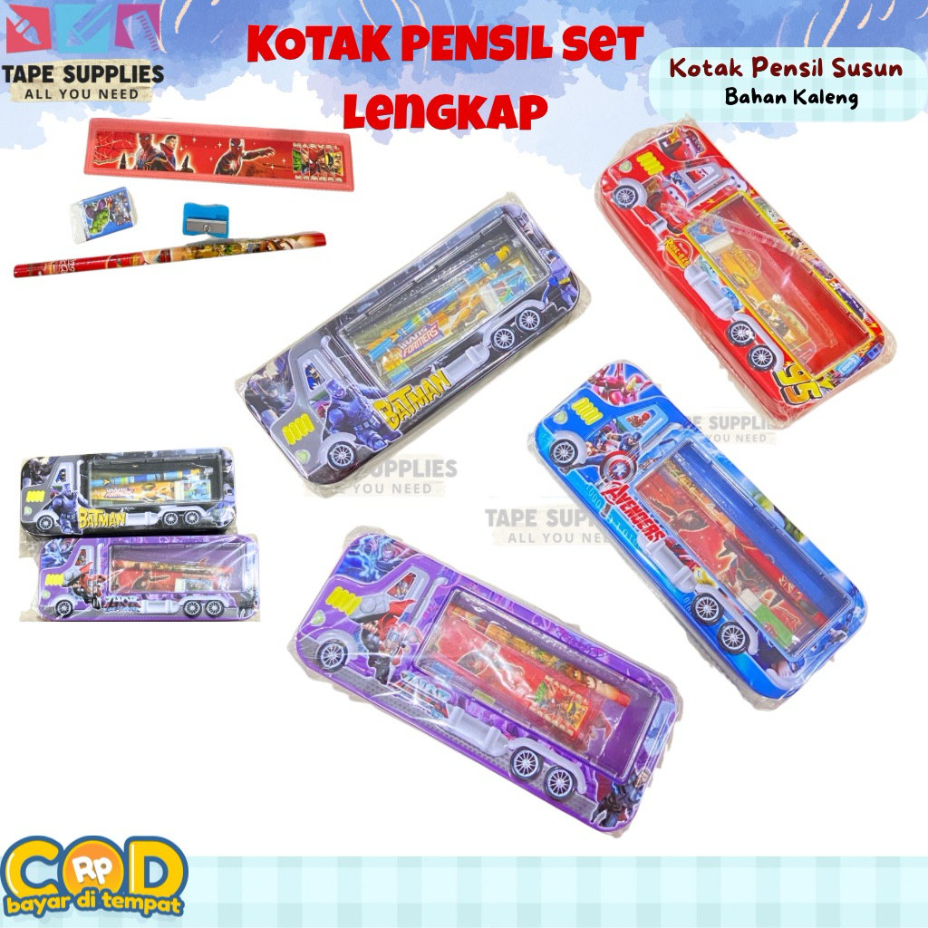 

Kotak Pensil Set Lengkap Model Truk Karakter Superhero Bahan Kaleng Dengan Isi Pensil, Rautan, dan Penghapus