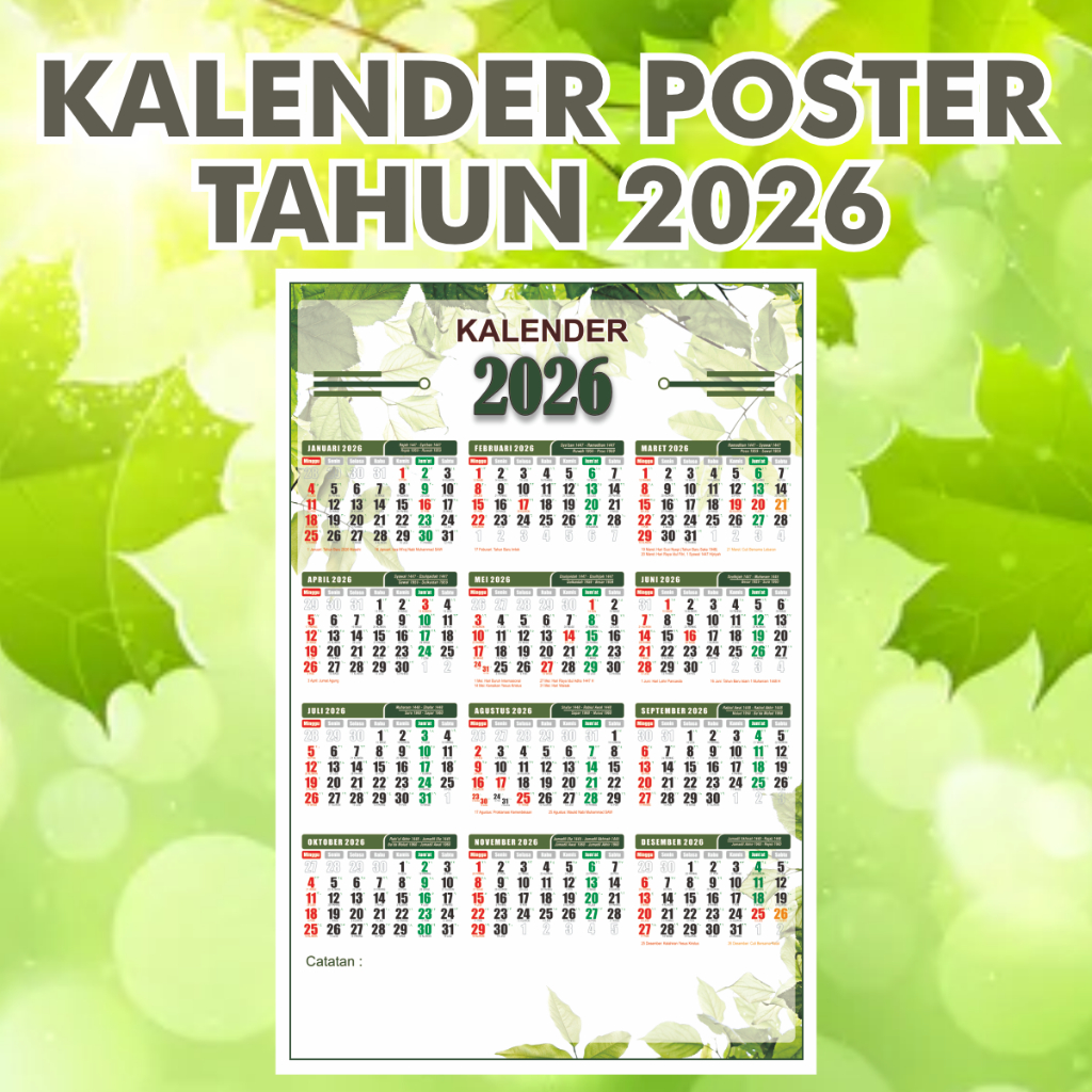 

Kalender Poster 2026 | 1 Lembar | Ivory 210 gsm | Kertas Tebal Angka Jelas | Jepit Kaleng