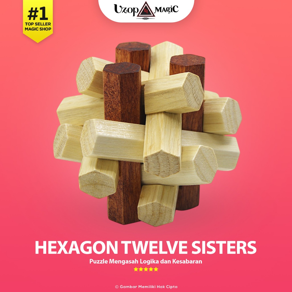 Puzzle Kayu 3D Kongming Lock Hexagon 12 Sisters - Puzzle Edukatif Anak & Dewasa - Uzop Magic Shop