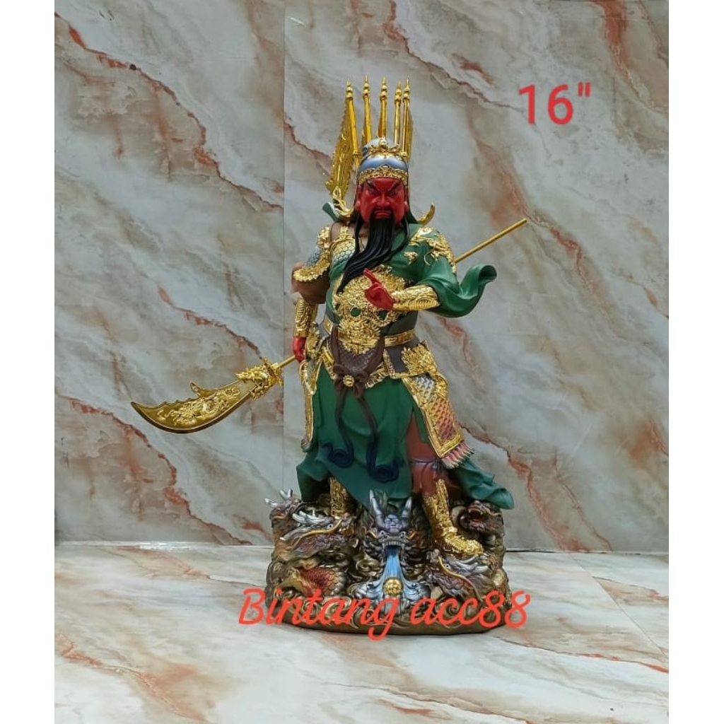 patung dewa kwan kung / kwan kong / guan yu - 5 bendera - fiber - 16 inch
