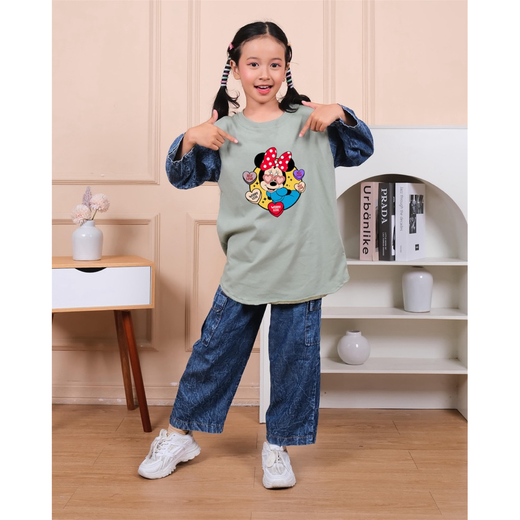 Baju Anak Perempuan Terbaru 2025 Kekinian Mickey Mouse Setelan Anak Perempuan Levis Cargo Baju Kaos 