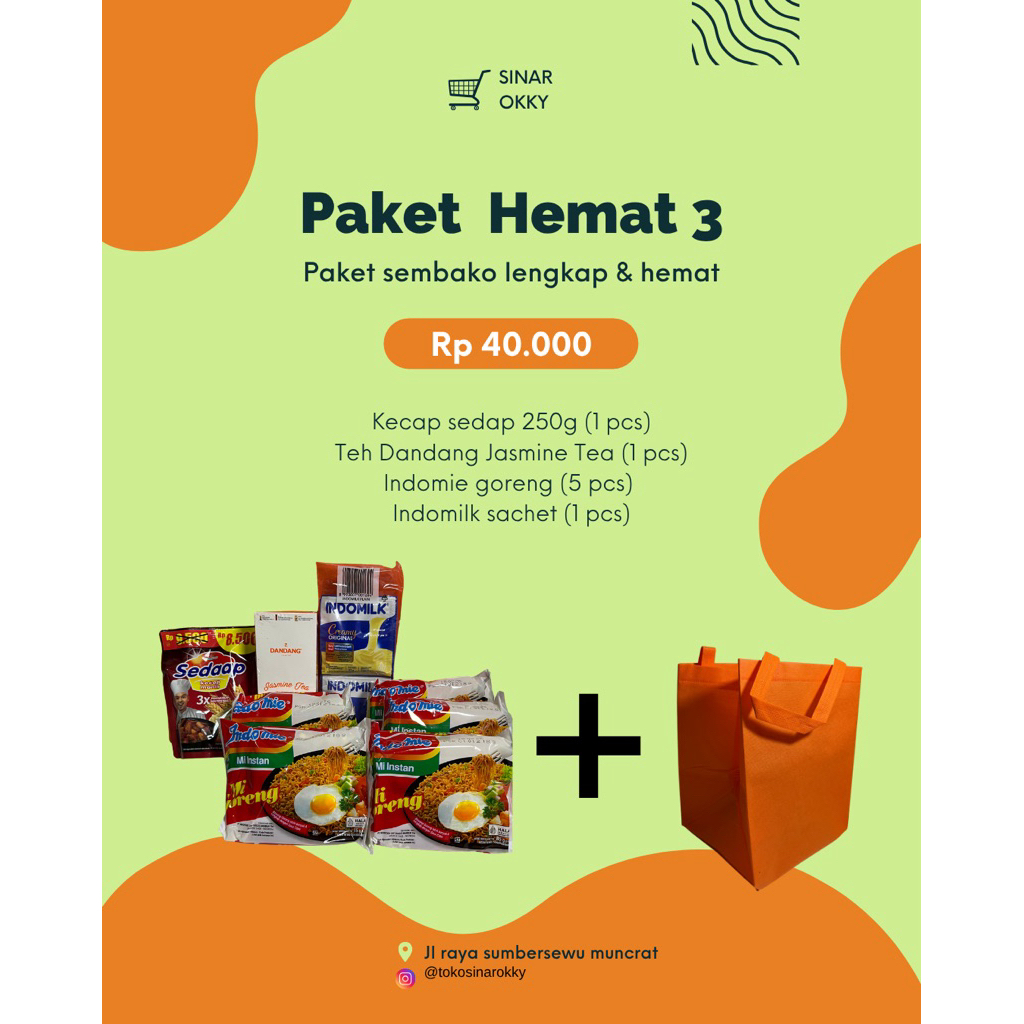 

PAKET 3/SEMBAKO HEMAT/KECAP SEDAP/TEH DANDANG CELUP/INDOMI GORENG/INDOMILK SACHET