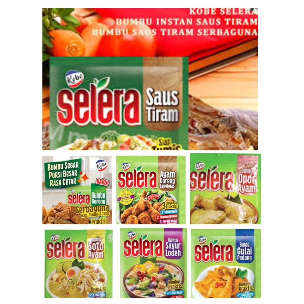

Kobe bumbu instan selera saus tiram 20gr | selera bumbu ayam lengkuas 80gr | Selera bumbu opor ayam 70gr | Selera bumbu soto ayam 70gr | Selera bumbu gulai padang 70gr | Selera sayur lodeh 75gr | Selera bumbu goreng serbaguna 28gr [10 pcs]