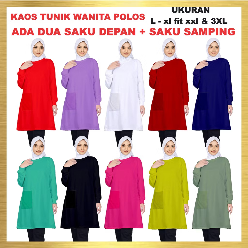KAOS TUNIK WANITA POLOS ADA 2 SAKU DEPAN + SAKU SAMPING