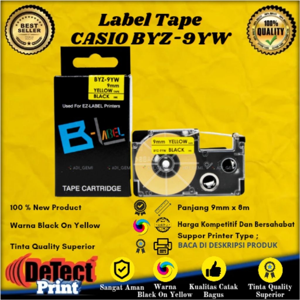 

Label Tape Casio BYZ Black On Yellow 9mm x 8m Compatible Label Tape BYZ 9YW