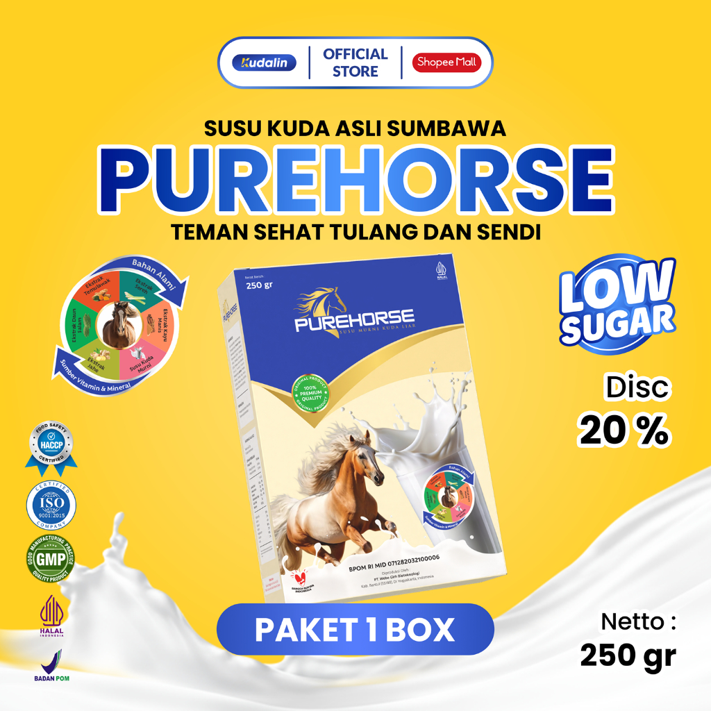 

Pure Horse Susu Kuda Liar Sumbawa Asli 100% Mengatasi Asam Urat Tulang Dan Nyeri Sendi 250gr/Box