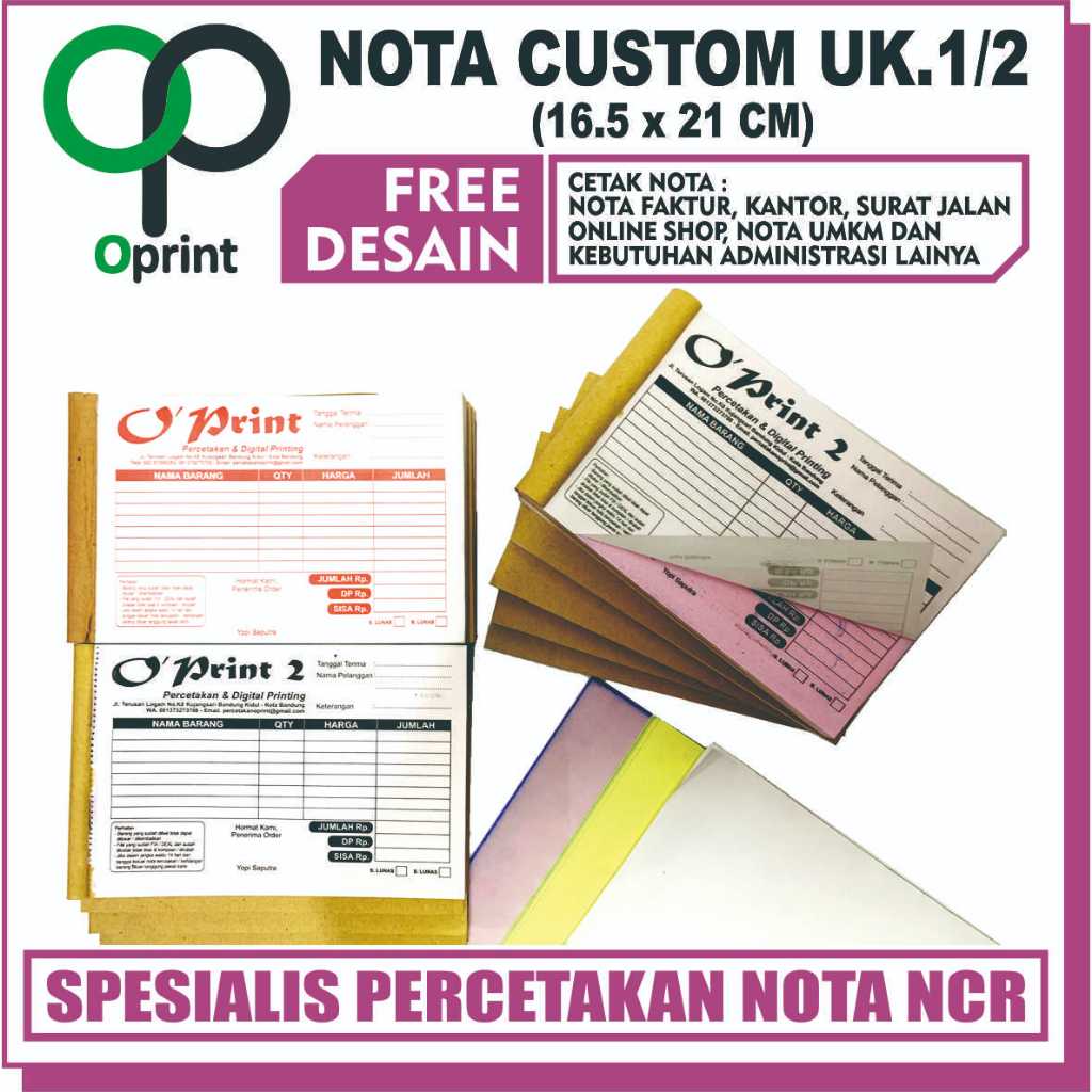 

NOTA Bon NCR, Ukuran 1/2 (16,5 x 21 cm), isi 25 set, GRATIS DESAIN CUSTOM, FULL COLOUR