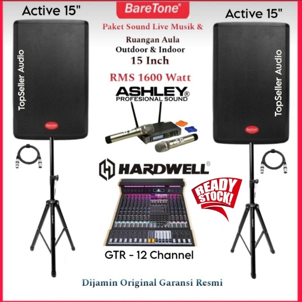 Paket Sound System Speaker Aktif 15 Inch 800 Watt BareTone MAX15H Mixer Hardwell GTR-12 Mic 2 Wirele
