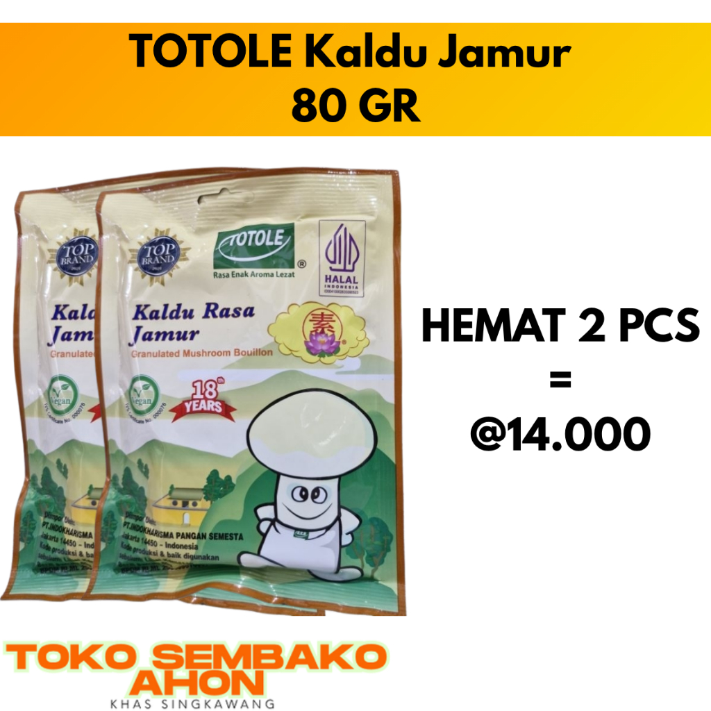 

TOTOLE 80 Gr / Kaldu Jamur Perisa 80 gram / Jamur Mushroom Powder / Vegan Food / Penyedap Makanan / Kaldu Jamur Totole Kecil / Totole Sachet 80g