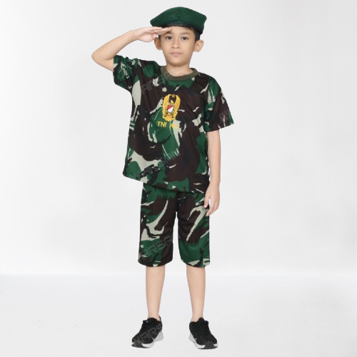 Baju Tentara Anak Laki-Laki Stelan Kaos TNI Tangan Pendek Loreng dengan baret
