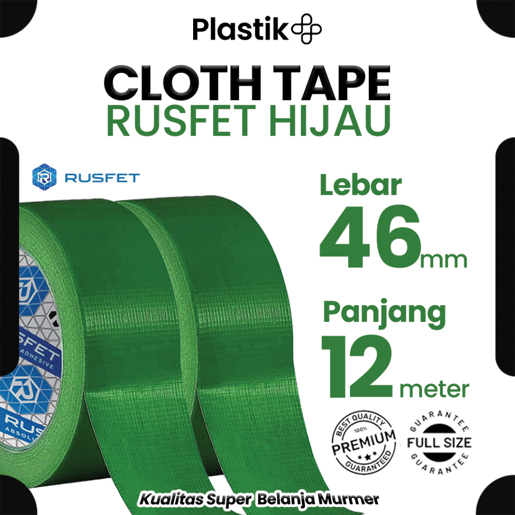 

Lakban Kain Hijau Tebal 46mm x 12meter (Cloth Tape) Isolasi / Solatip Kain Merek Rusfet Harga Ecer Satuan termurah