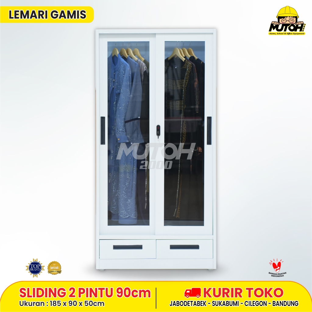 LEMARI GAMIS BAJU GANTUNG 2 PINTU SLIDING KACA GESER G-90 CM | PUTIH MUTOH2000