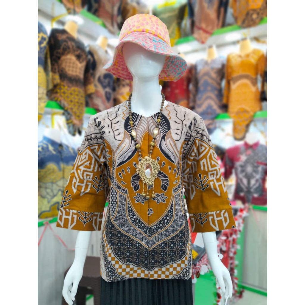 Blouse Batik Atasan Wanita Kerja Qistina Batik Bahan katun model kancing depan motif KUNINGKENARI su