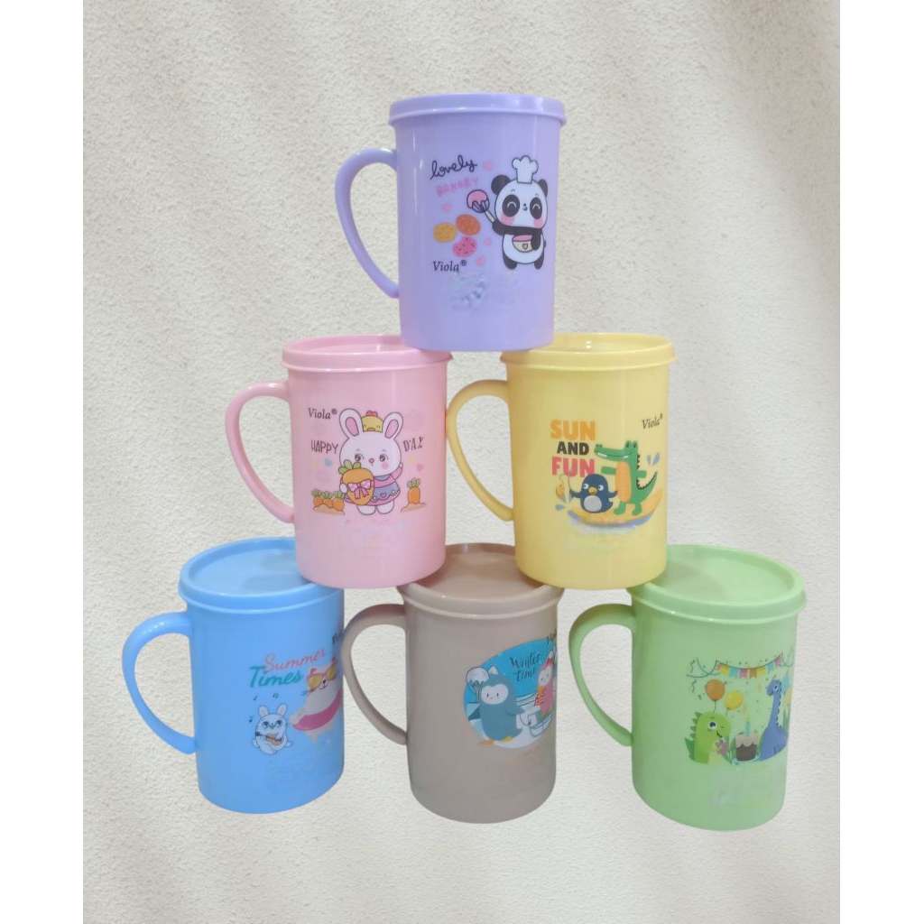 Mug Tutup Plastik Keysya / Cangkir Minum Viola Karakter Warna + Tutup
