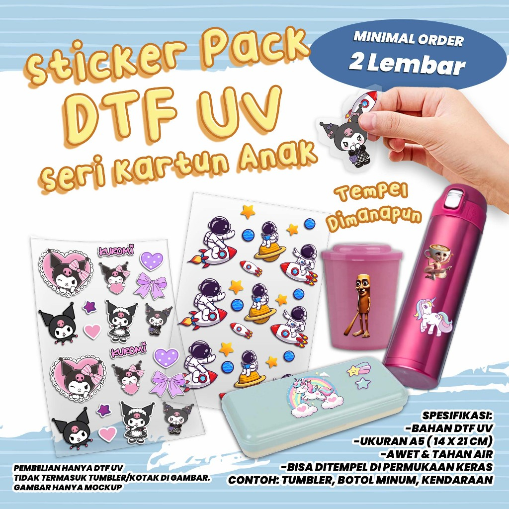 

STICKER PACK DTF UV A5 - Seri Kartun Anak - Stiker Timbul Anti Air Anti Luntur Waterproof Permanen - Desain Kartun Anak Laki & Perempuan - kode DTFUV