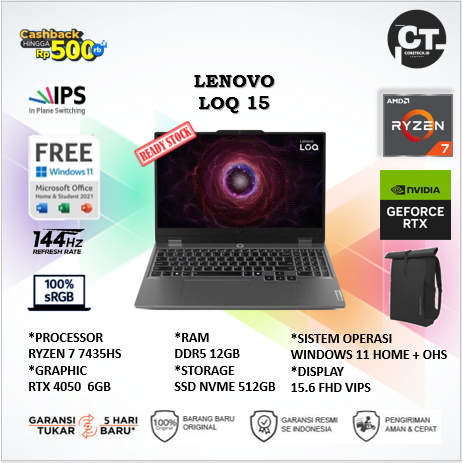 LENOVO LOQ 15 RYZEN 7 7435HS RTX4050 6GB/ 12GB 512GB GARANSI RESMI