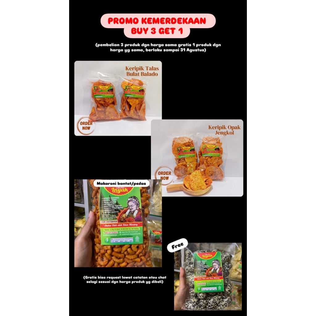 

(PROMO PAKET KEMERDEKAAN PRODUK Harga 12.000) Keripik talas bulat balado, Keripik opak jengkol, Makaroni bantat/pedas, Keripik Usaha Inyak
