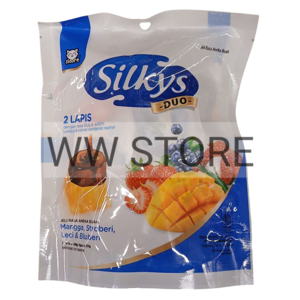 

Jeli rasa aneka buah mangga stroberi leci bluberi halal MUI Sidore Silkys DUO 2 Lapis dengan rasa GULA AREN 200g ( 8pcs x 25g )
