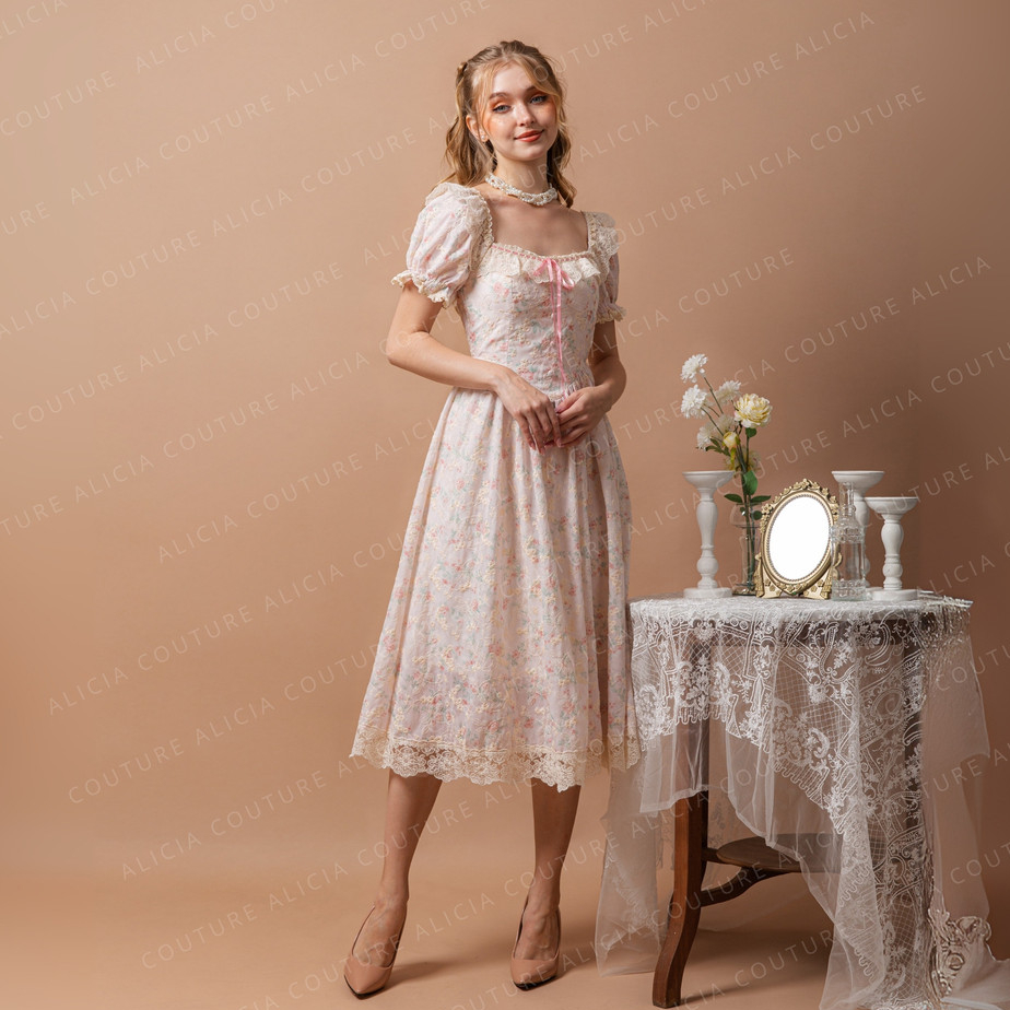 Aliciacouture - Fienty Vintage Dress - Cotton Tea Party Dress - Vintage Garden Party - Korean Style