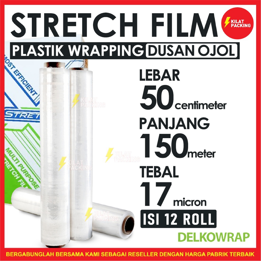 

PLASTIK WRAP KUAT TERMURAH - STRETCH FILM BENING - DELKOWRAP - 50CM X 150M 1 DUS ISI 12 ROLL OJOL