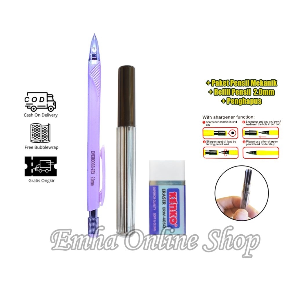 

Paket Pensil Mekanik EV-753 Refill Penghapus Alat Tulis Sekolah Kantor Praktis Stationery