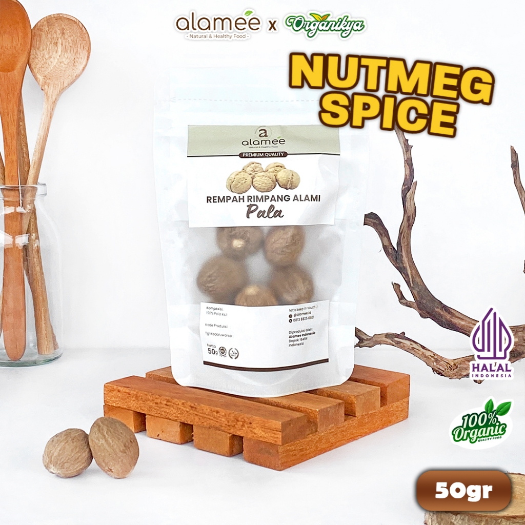

ALAMEE Biji Pala Utuh Rempah Kering Nutmeg Whole Rimpang Organik Alami Bumbu Seasoning 50G organikya