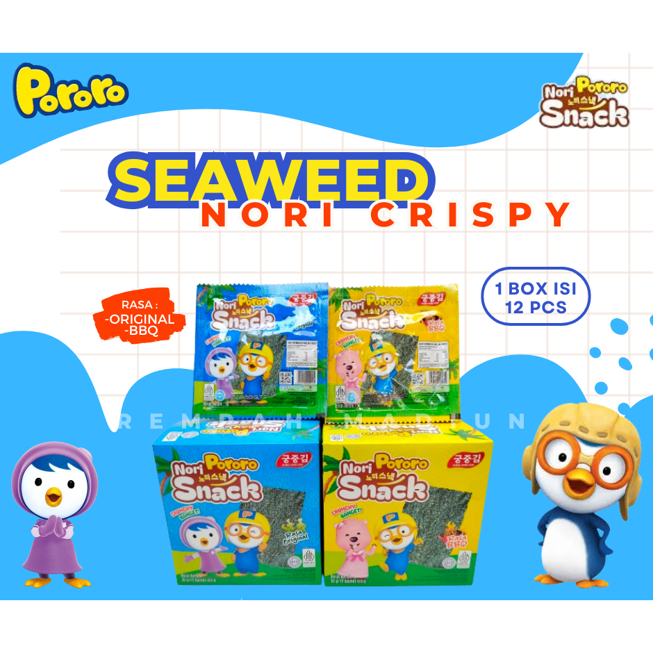 

NORI LEMBAR PORORO 1 BOX ISI 12 pcs | RUMPUT LAUT KERING | DRIED SEAWEED