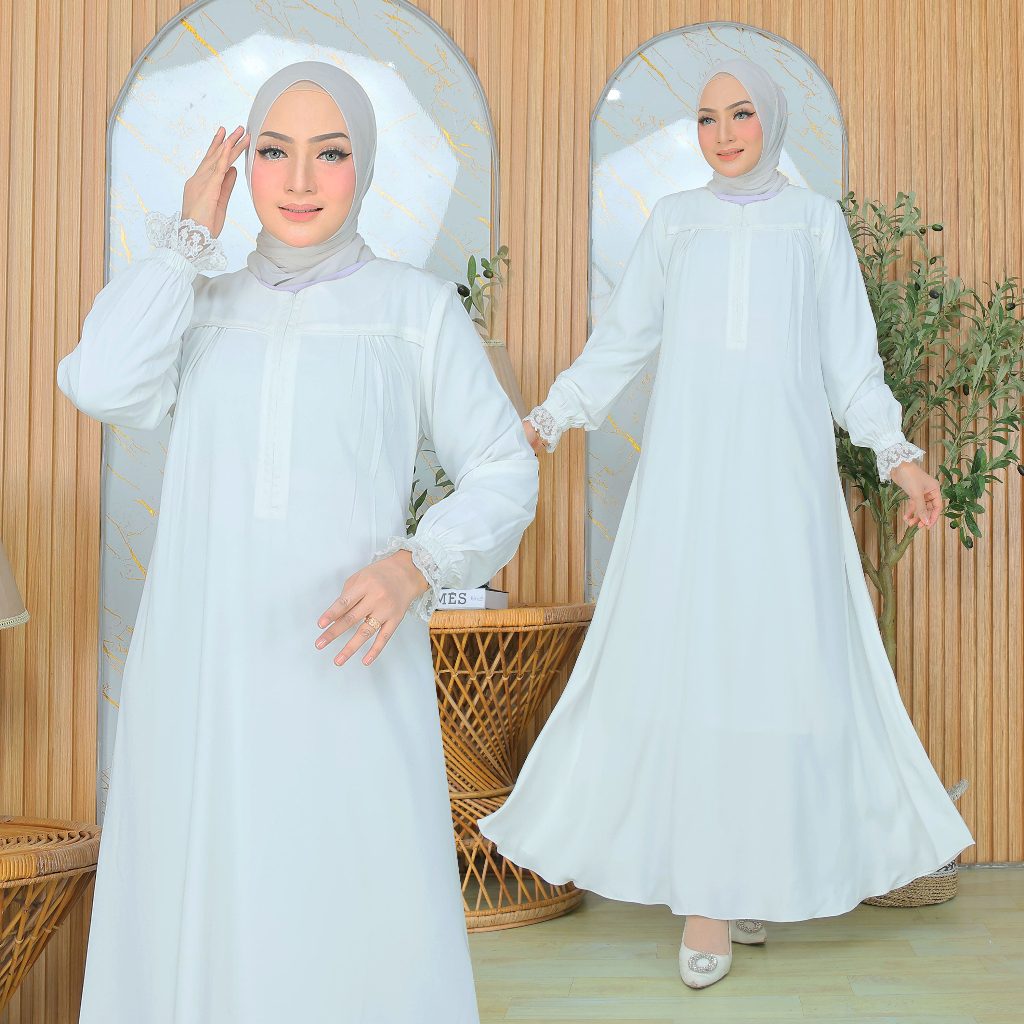 Biyai - Safiya Gamis Syar'i Renda Polos Anti UV Wanita Muslimah Haji dan Umroh Warna Putih Tulang & 