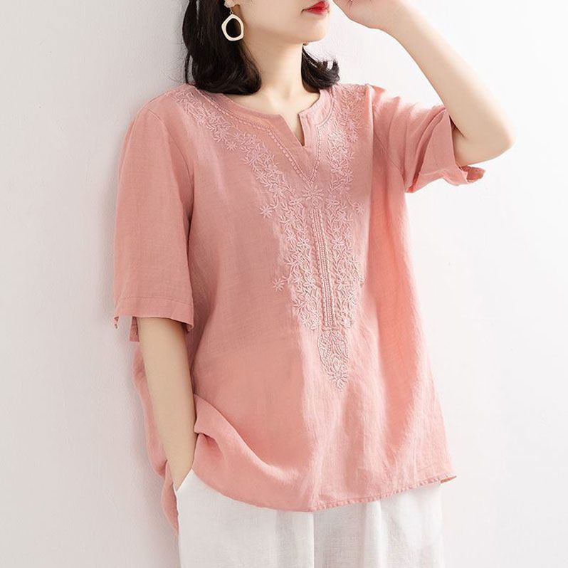 Blus Bordir Lengan Pendek Wanita Musim Panas Katun Linen 6 Warna / Blouse Linen