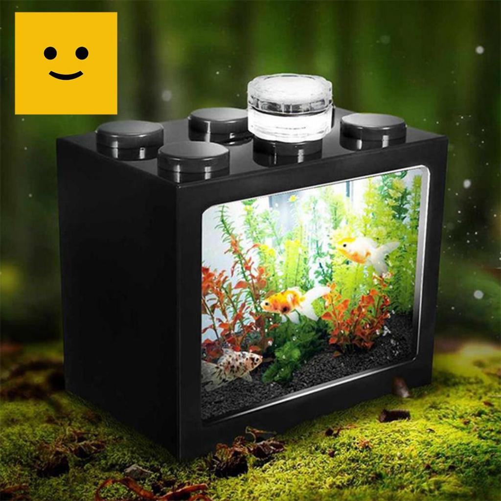 TOBBIES Akuarium Mini Bentuk Brick Block Aquarium Unik Balok Susun dengan Lampu LED Warna-Warni Hias