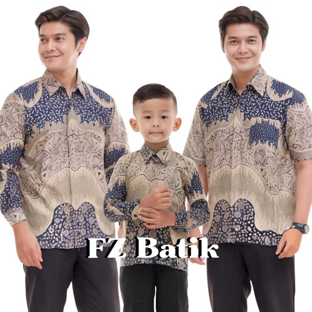 Kemeja Batik Anak Laki-Laki Lengan Panjang Couple Batik Ayah Dan Anak Cowok Batik Warna Navy Piramid
