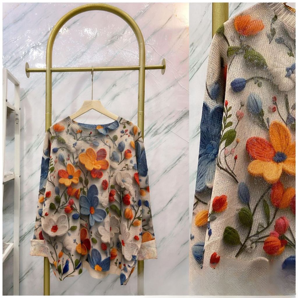 Kaos Rajut Wanita Import Motif Bunga Lengan Panjang Oversize Bisa COD