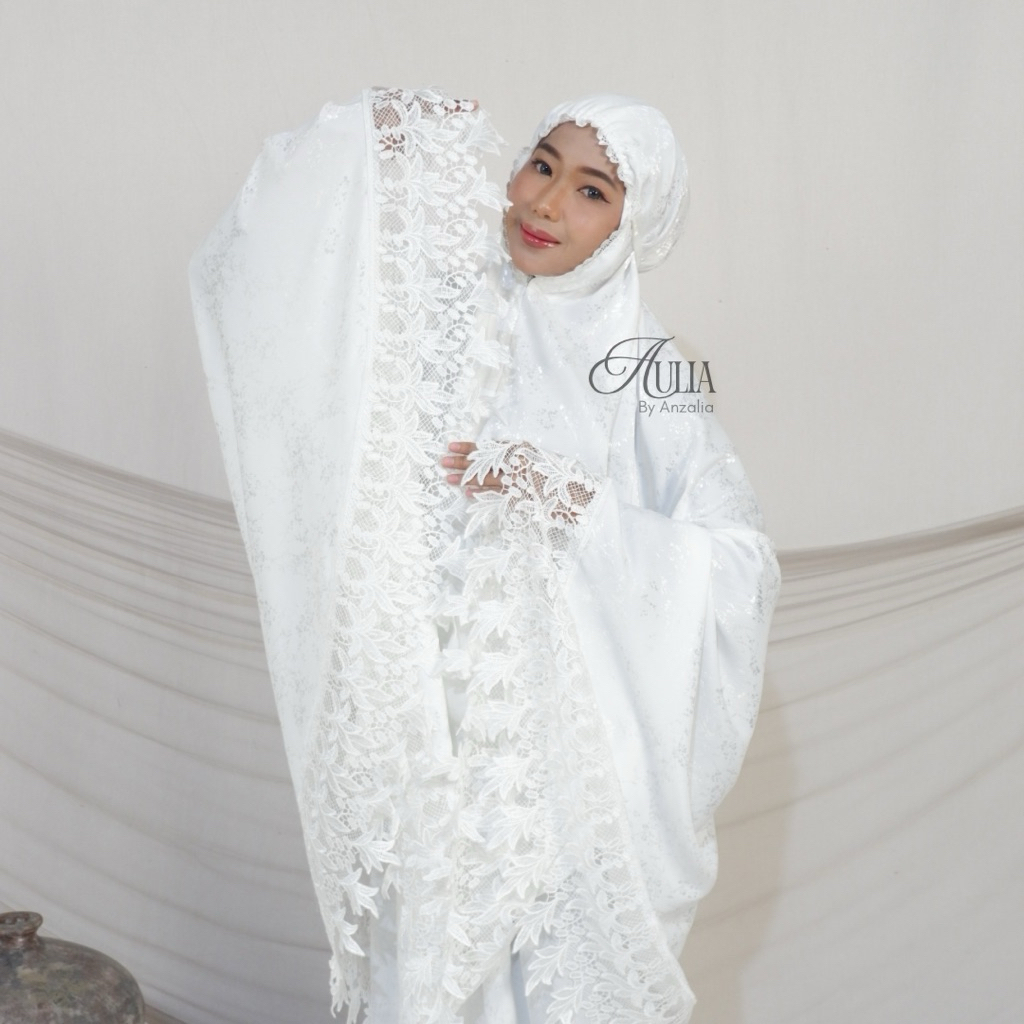 Mukena Putih Premium Mewah Jaquard Silk Jumbo Broken White Bahan Adem Elegan Almeera Series
