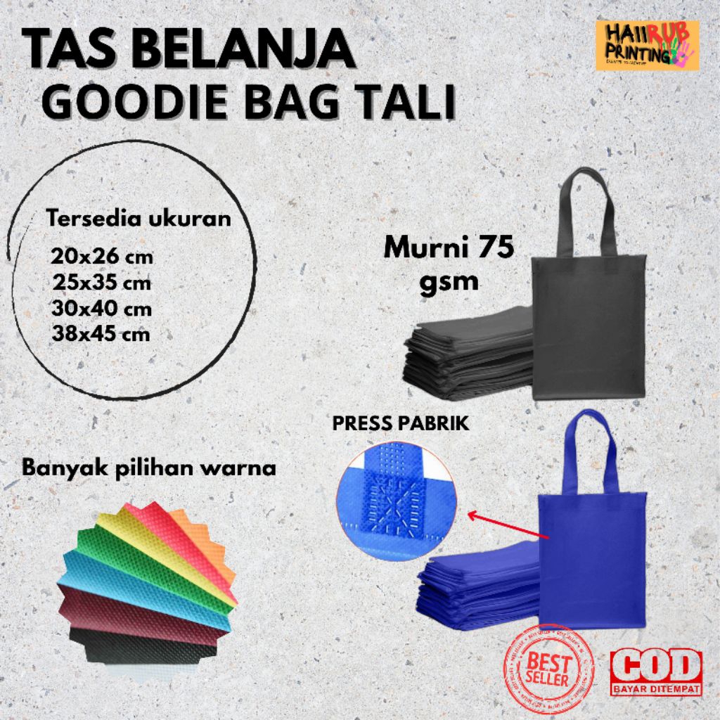 

Tas belanja godybag tali HLS lipat samping totebag kain spunbond 12pcs / 1 lusin ukuran 20x26 25x35 30x40 38x45