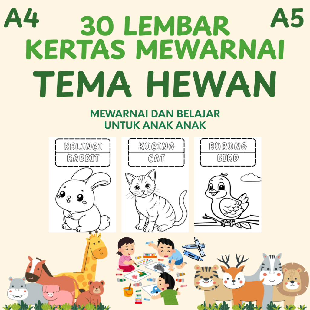 

30 LEMBAR KERTAS MEWARNAI TEMA HEWAN UNTUK ANAK ANAK