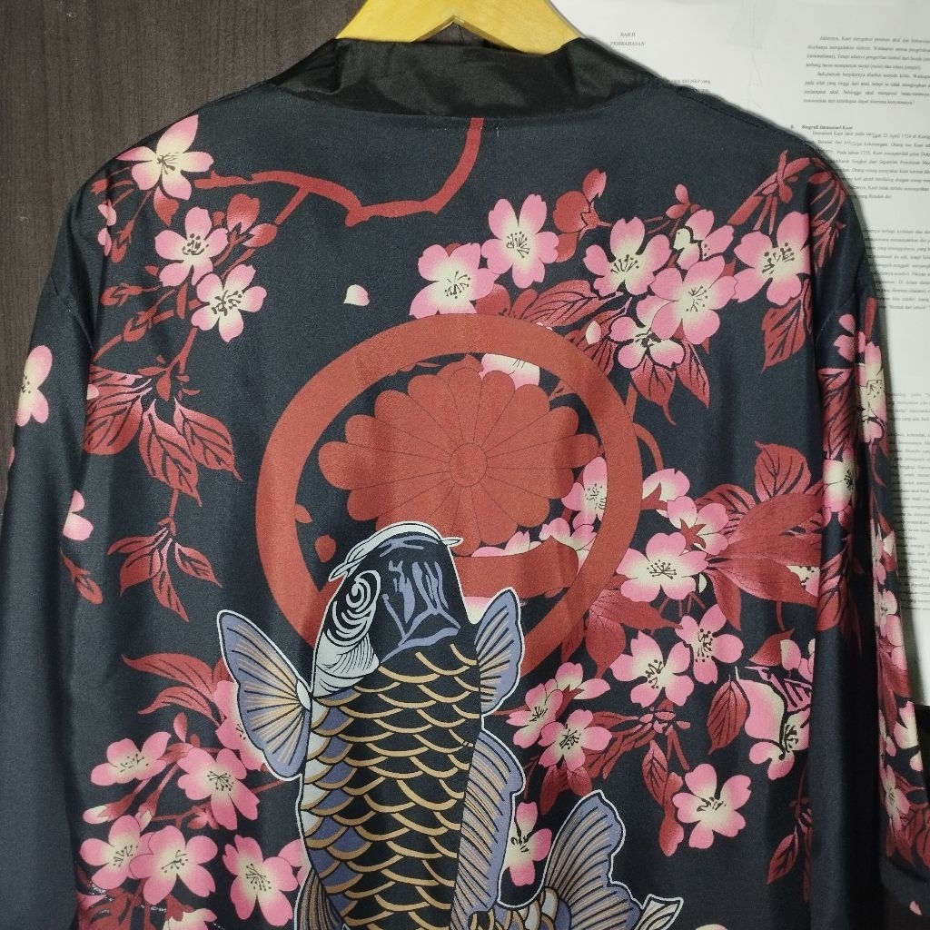 SUKAJAN/HAORI/OUTER JEPANG MOTIF IKAN BUNGA SAKURA PINK HITAM VERSI MURCE
