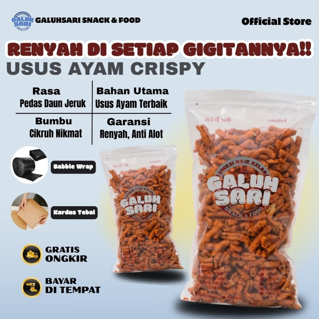 

Usus Ayam Crispy 1/2kg Extra Pedas Daun Jeruk Bumbu Cikruh Melimpah Super Renyah