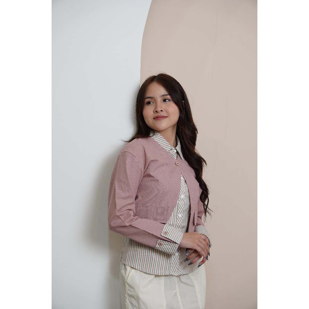 Missty Freeteen Kemeja Wanita Outer Rompi One Set Warna Pink Inner Garis Kerah Model Korea BEST SELL