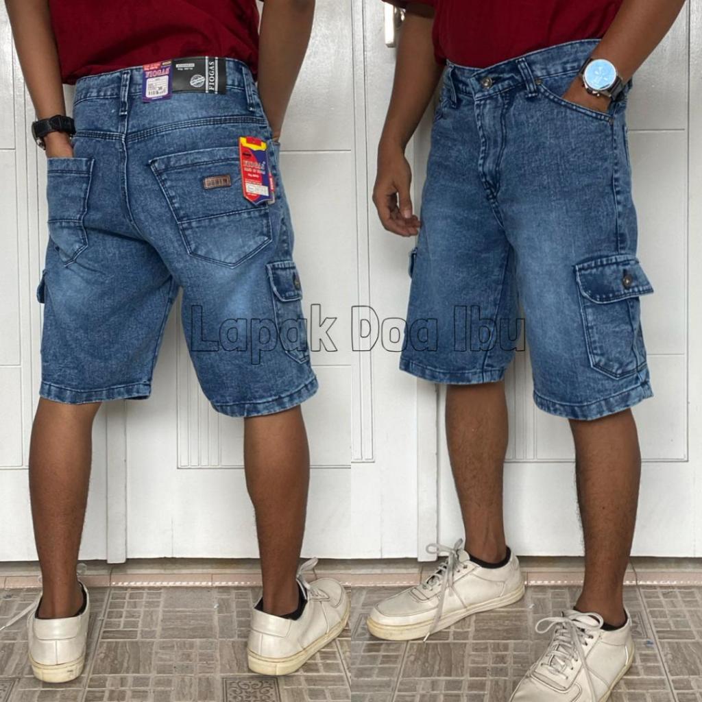 Celana Pendek Kargo Cargo Jeans Pria Cowo Cowok Laki Dewasa Kantong Samping Pinggang Tali Bahan Teba