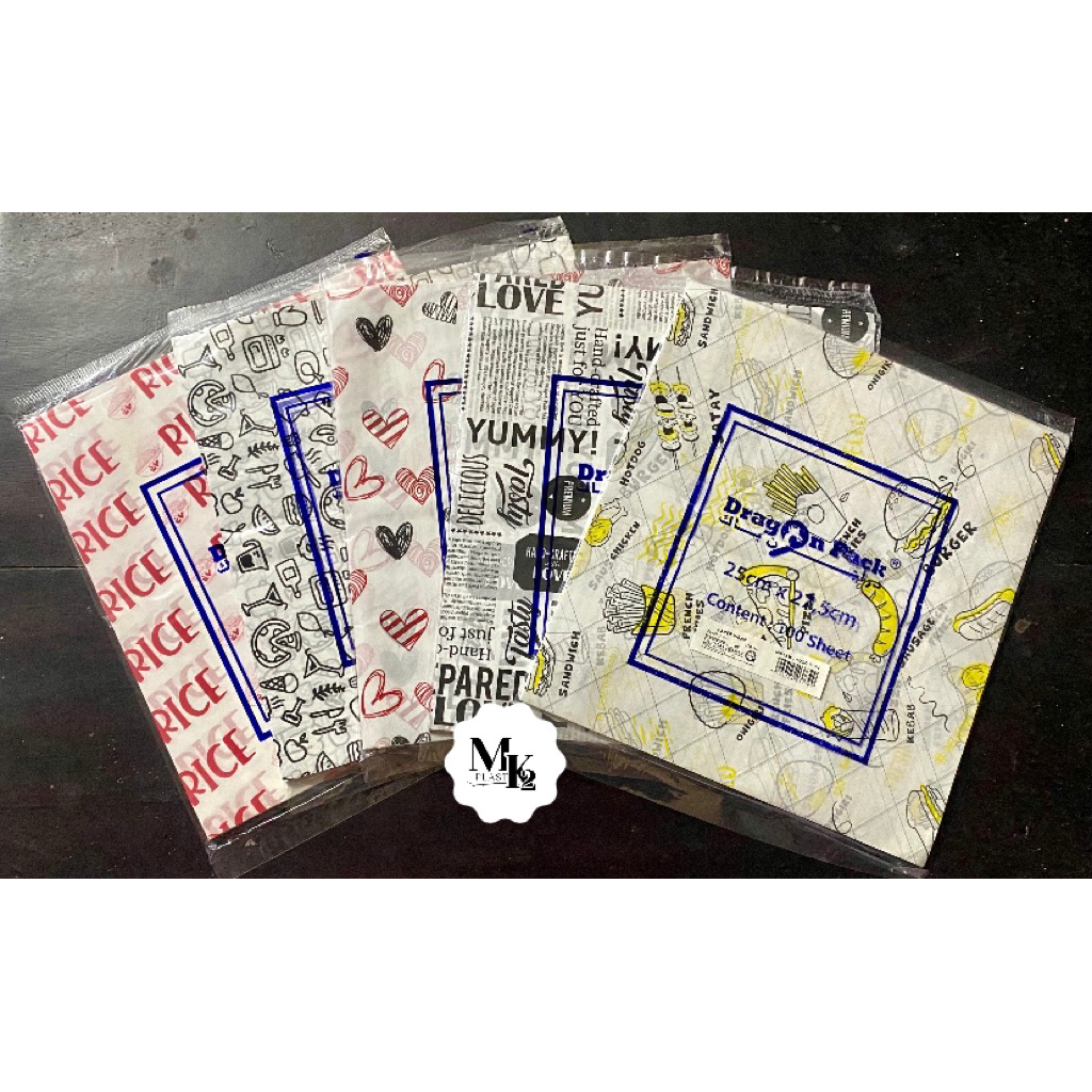 

Kertas Nasi Motif 25x27,5 Cm Paper Wrap 100 Pcs Printing Laminasi Food Grade Burger Kebab Dragon Pack Koran Roti Daun