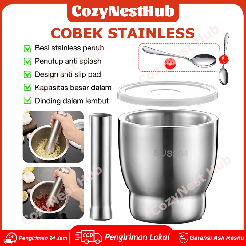 Cobek Stainless / ulekan Stainless / Tumbukan Bumbu Dapur Dengan Tutup/Mortar Pestle Tumbukan Bumbu 