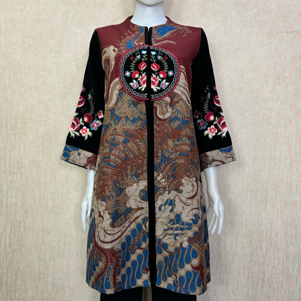 Atasan Tunik Batik Wanita Kain Doby Premium Bordiran Reguler Fit Lapisan Tricot Waffle Mewah Elegan 