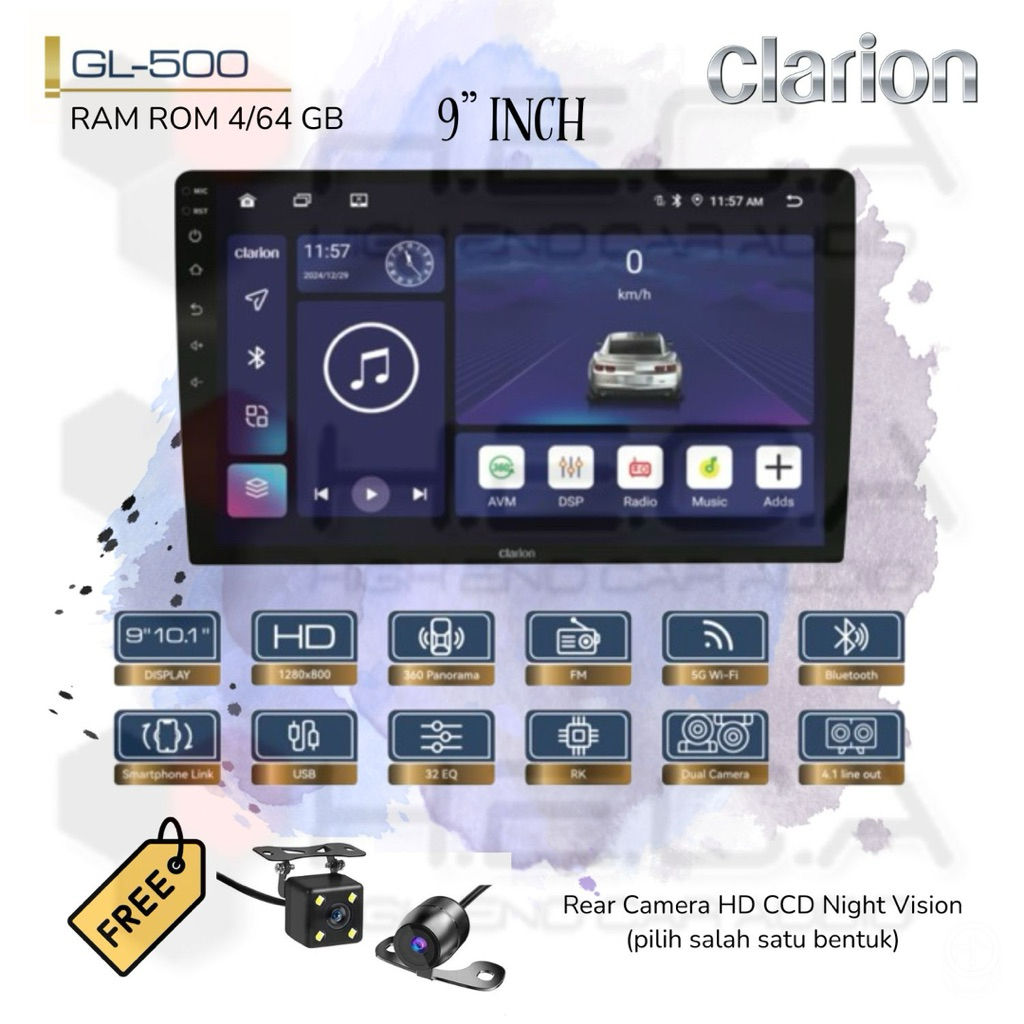 Clarion GL-500 Android RAM 4/64 GB 9” dan 10” Head Unit Tape TV Mobil + Kamera Mundur
