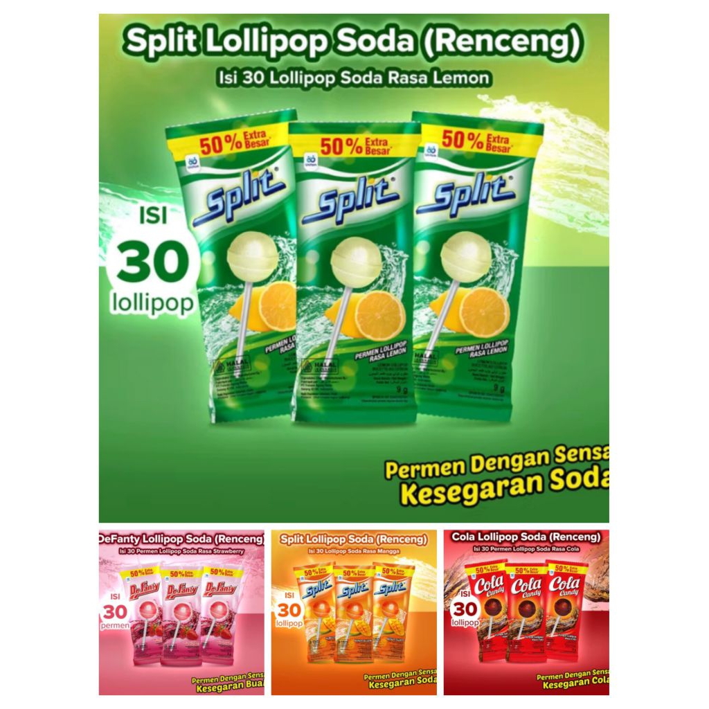 

Permen Lollipop Cola, Split Lemon, Split Mango, DFanty Loli Hanger (1Bag:30pcs) - Permen Lolipop Soda Lemon / Permen Soda / Lollipop Candy / Soda Candy / Permen Rasa Mangga / Permen Loli Renceng / Permen Jadul / Jajan Jadul / Split Lollipop / Cola Candy