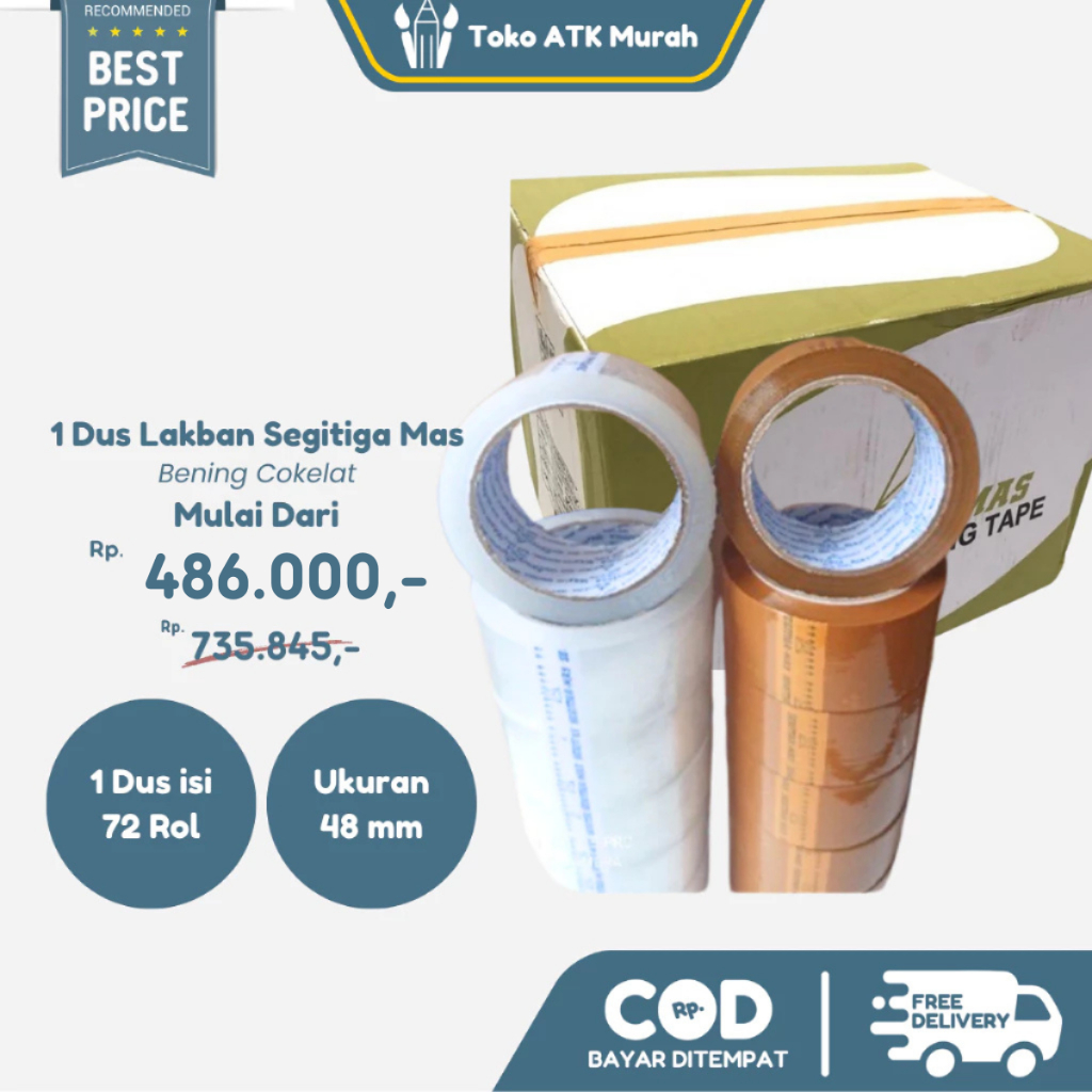 

1 Dus OPP Lakban Segitiga Mas 2” (48mm) Bening / Coklat | Isi 72 Roll Lakban Packing Kuat & Lengket