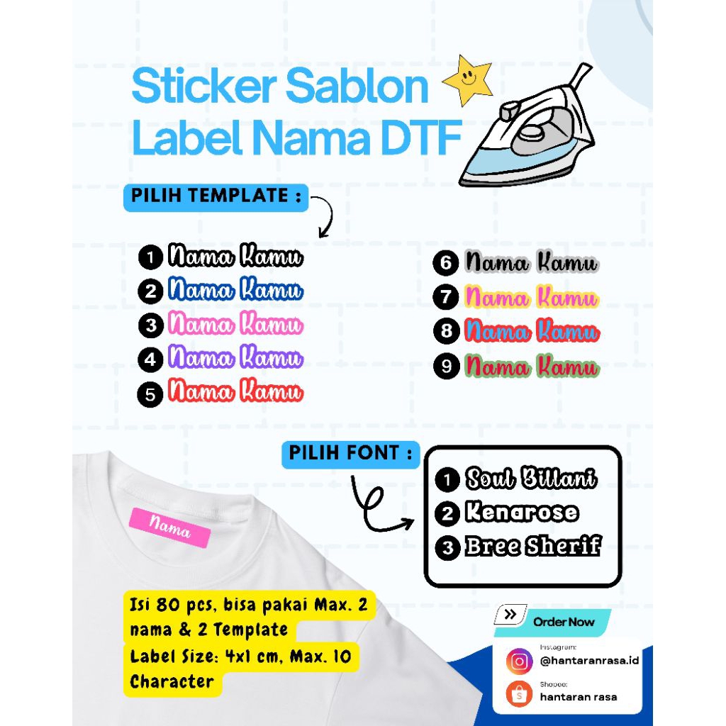 

Sticker Sablon Label Nama DTF isi 80 pcs Sticker Setrika Baju Kain Anak