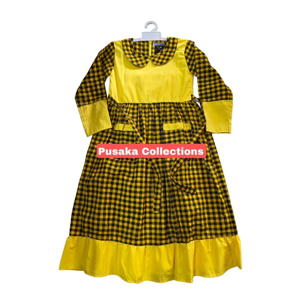 Baju muslim anak/gamis anak perempuan kotak kotak kuning plus hijab